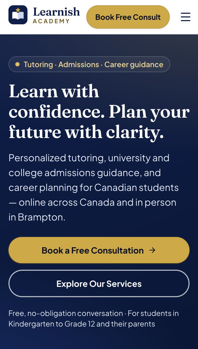 Learnish Academy website on a phone, built by Yarsa